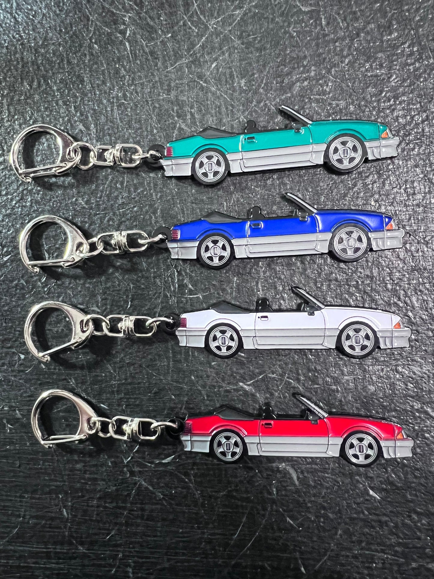 Ford Mustang CONVERTIBLE Fox Body Two Tone Enamel on Metal Keychains, great gift for the Fox Body enthusiast!