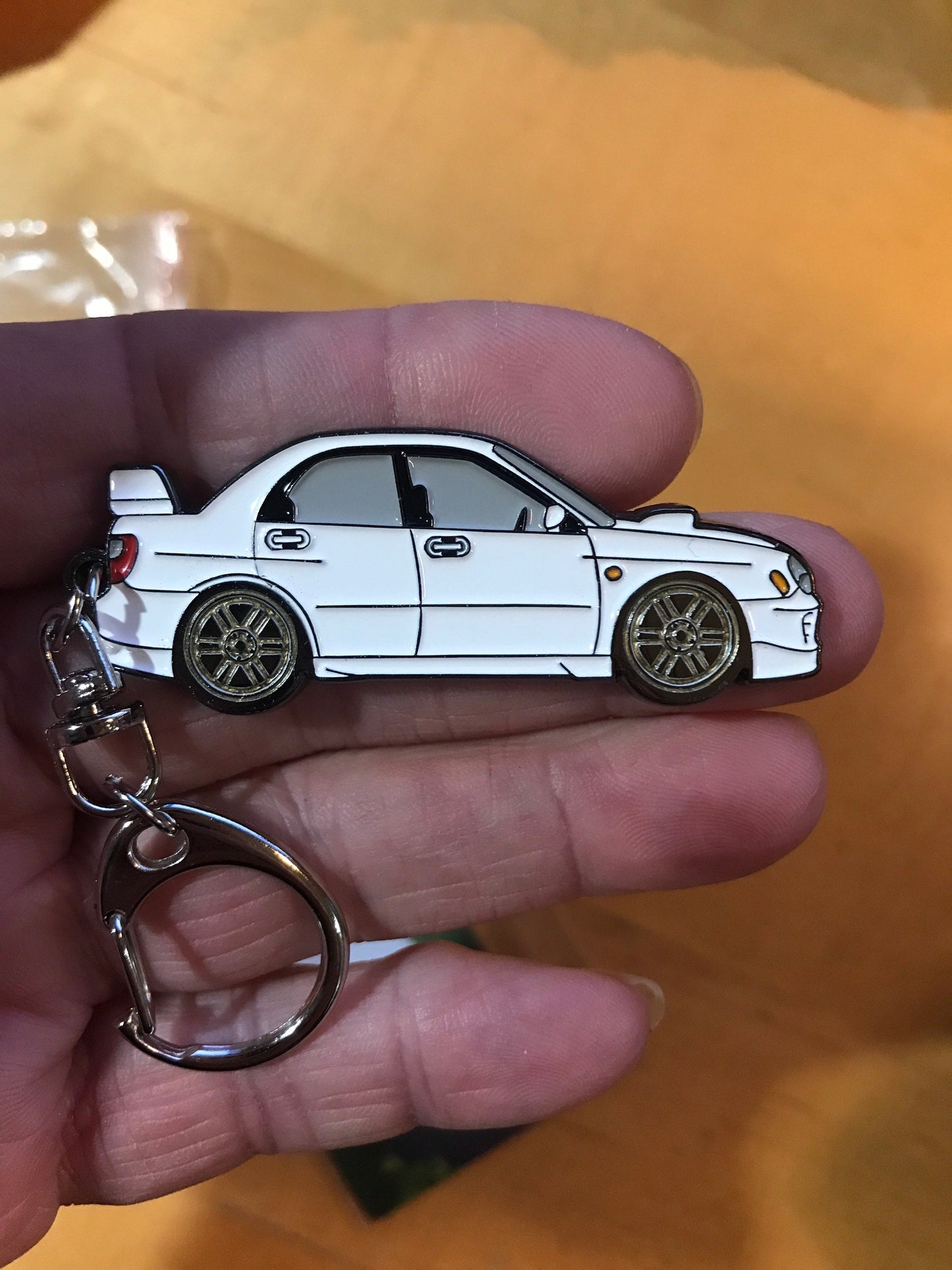 Keychain for WRX also for Sti Enamel on Metal Keychains in WHITE with Gold Wheels