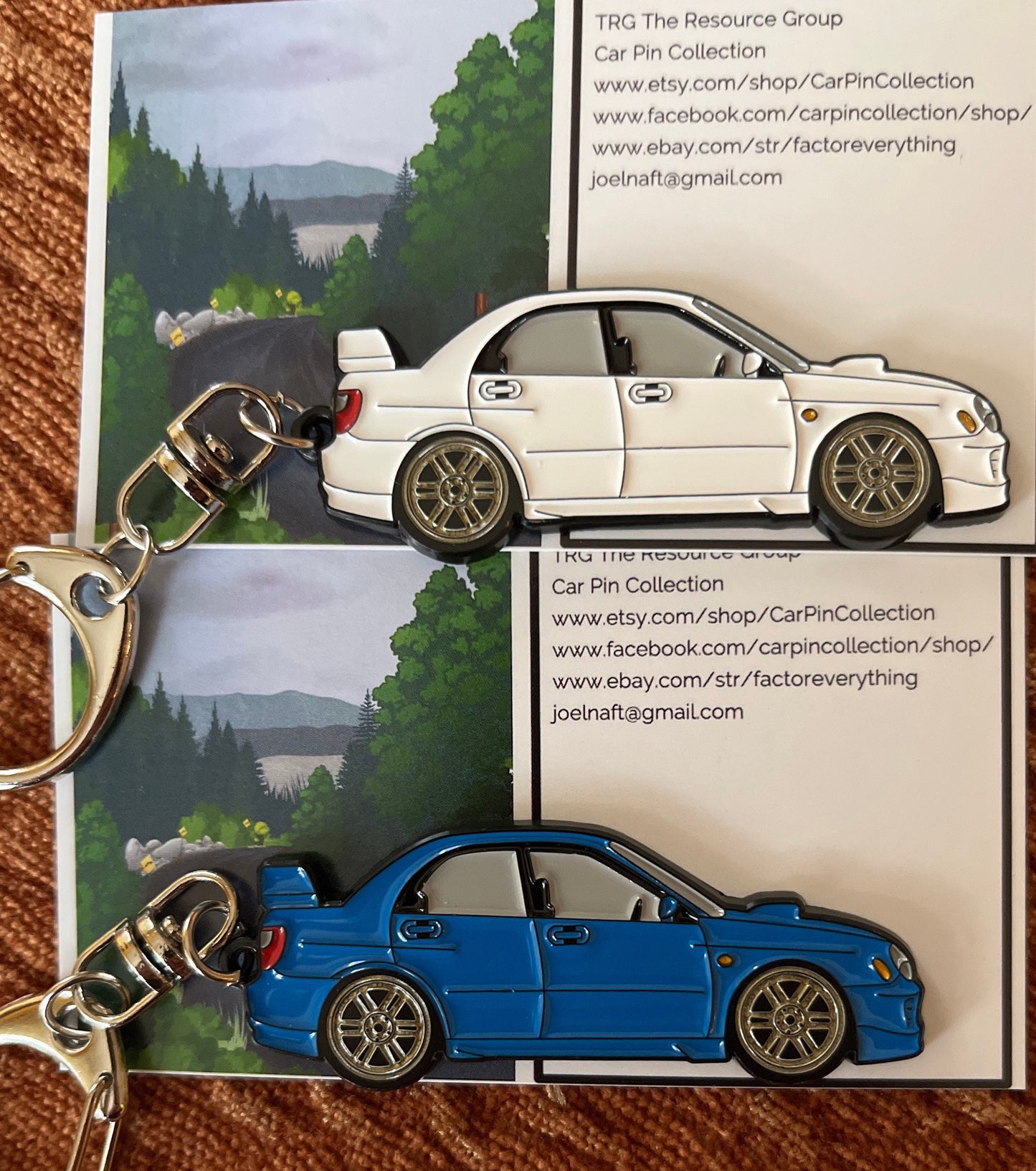 Keychain for WRX also for Sti Enamel on Metal Keychains in WHITE with Gold Wheels