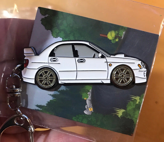 Keychain for WRX also for Sti Enamel on Metal Keychains in WHITE with Gold Wheels